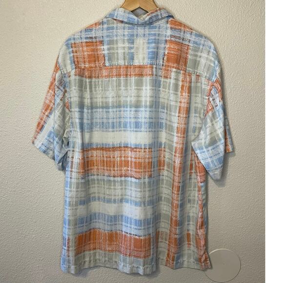 Tommy Bahama Silk Blend Original Fit Button Up Orange & Cream Plaid Top Medium - Picture 6 of 10